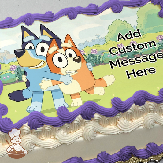 Bluey and Bingo printed on extra cake layer and decorated on rectangle sheet cake.