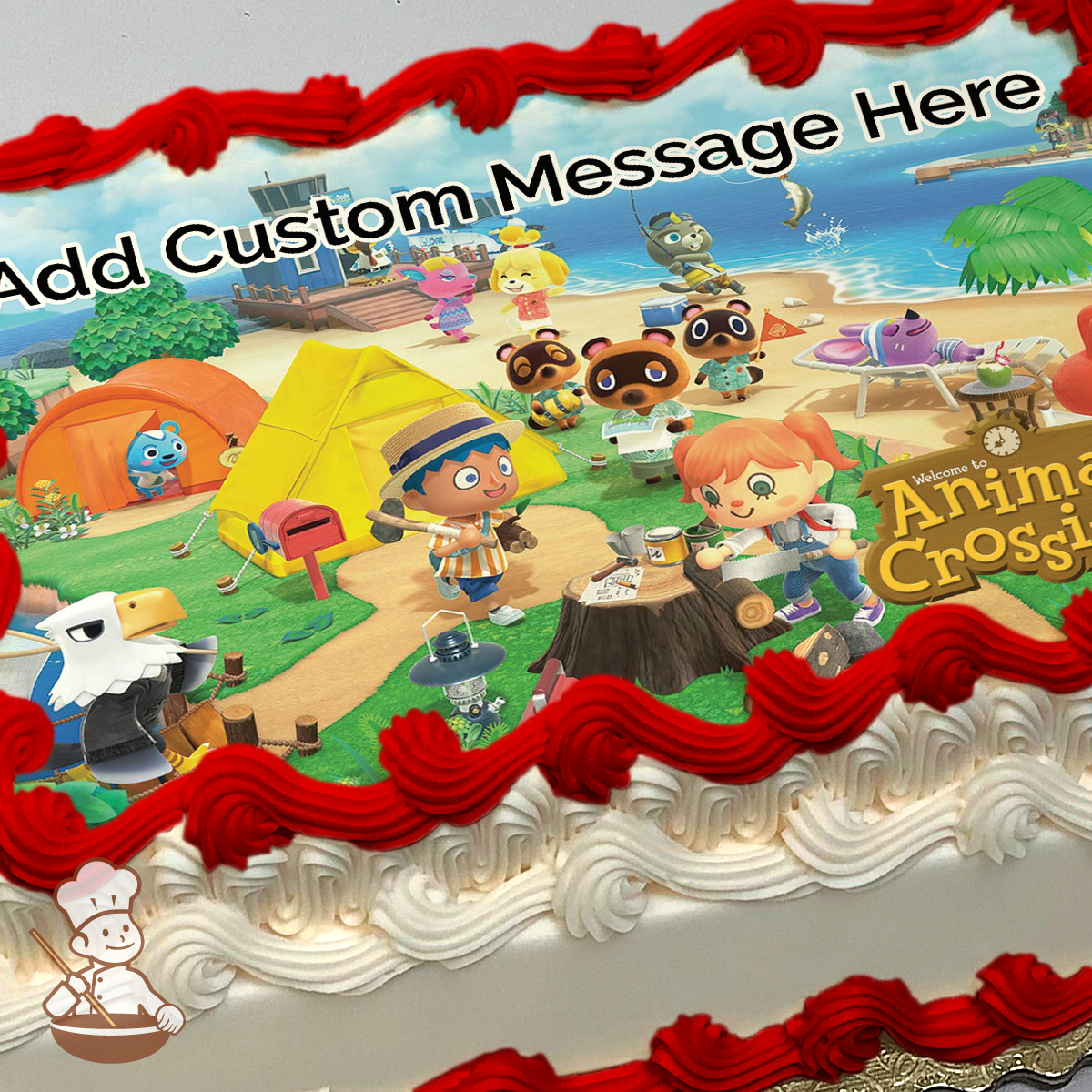 Animal Crossing characters Tom Nook, Isabelle, and friends on a sunny beach with tents, printed on a sheet cake.