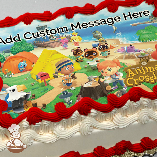 Animal Crossing characters Tom Nook, Isabelle, and friends on a sunny beach with tents, printed on a sheet cake.