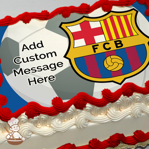 Soccer ball and logo of Barcelona Barca soccer team printed on extra cake layer and decorated on rectangle sheet cake.