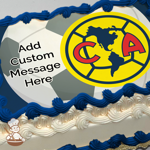 Soccer ball and logo of Club America FC soccer team printed on extra cake layer and decorated on rectangle sheet cake.