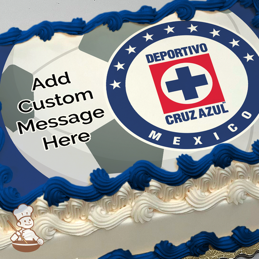 Logo of Deportivo Cruz Azul football club with a red cross and blue border, printed on a sheet cake.