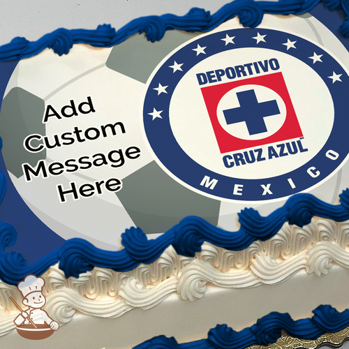 Soccer ball and logo of Cruz Azul soccer team printed on extra cake layer and decorated on rectangle sheet cake.