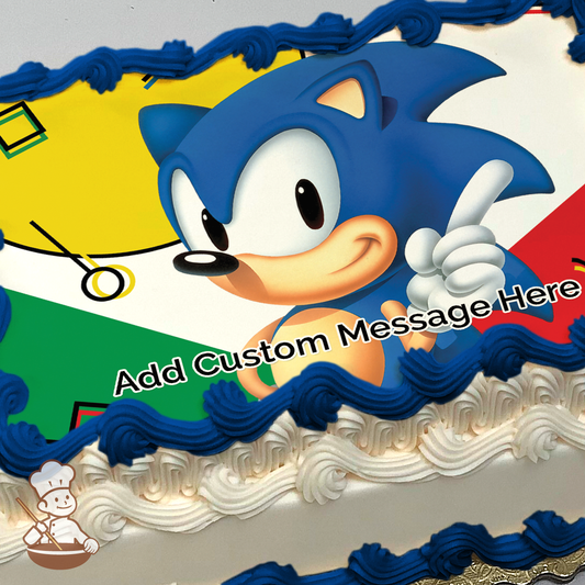 Blue Sonic the Hedgehog printed on extra cake layer and decorated on rectangle sheet cake.