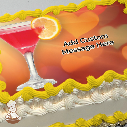 Martini glass with slice of orange and sunrays with hearts printed on extra cake layer and decorated on rectangle sheet cake.