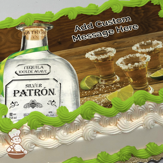 Silver Patron tequila bottle with shot glasses printed on extra cake layer and decorated on rectangle sheet cake.