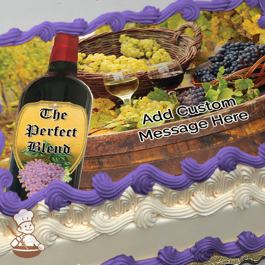 Bottle of wine with grapes and wine barrel at vineyard printed on extra cake layer and decorated on rectangle sheet cake.