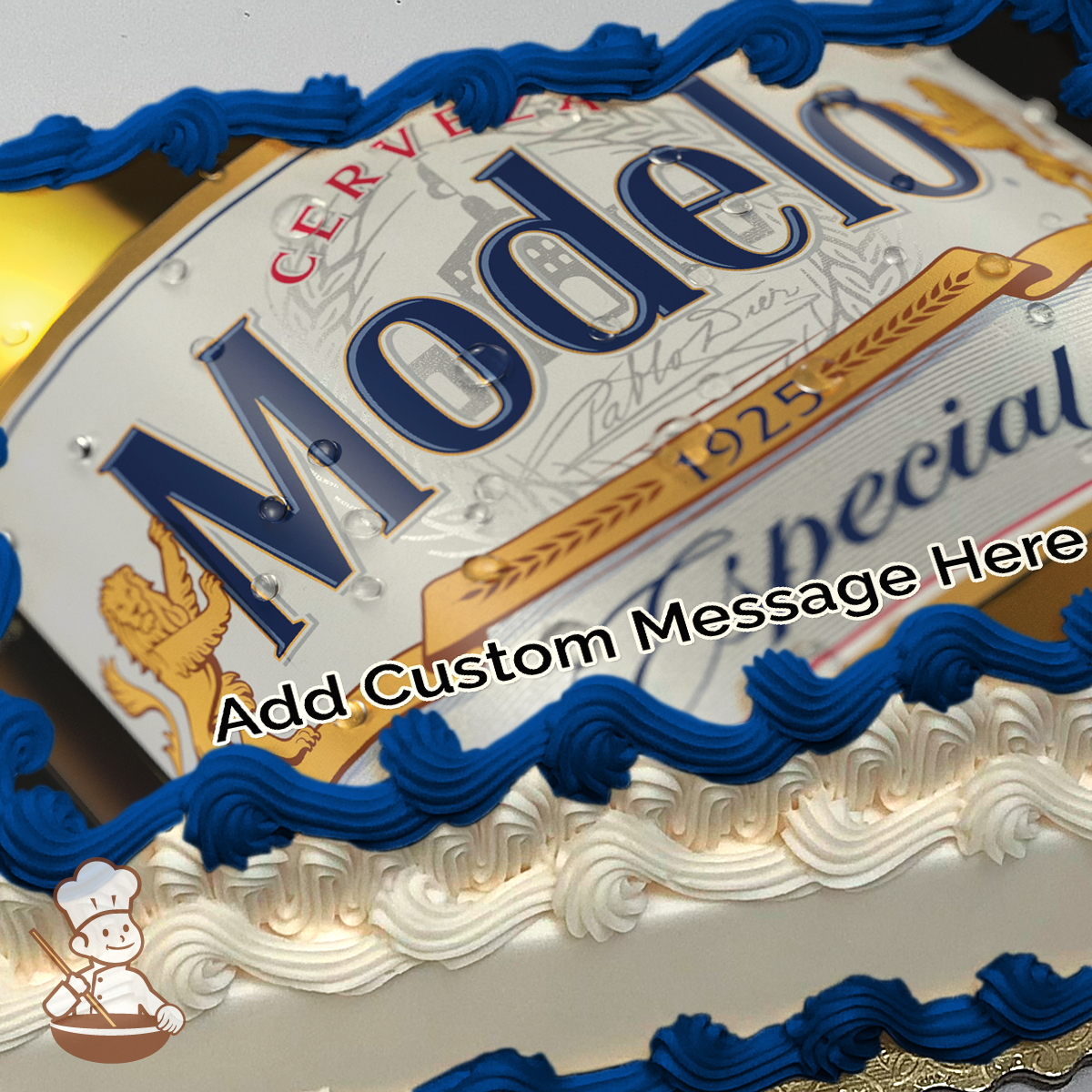 Illustration of Modelo beer label with text "Cerveza Modelo Especial" and decorative elements, printed on a sheet cake.