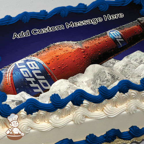 Bottle of Budlight beer on ice cubes printed on extra cake layer and decorated on rectangle sheet cake.