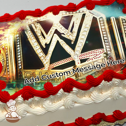 WWE World Wrestling Entertainment championship belt printed on extra cake layer and decorated on rectangle sheet cake.
