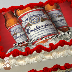 Bottle of Budweiser beer on ice cubes printed on extra cake layer and decorated on rectangle sheet cake.