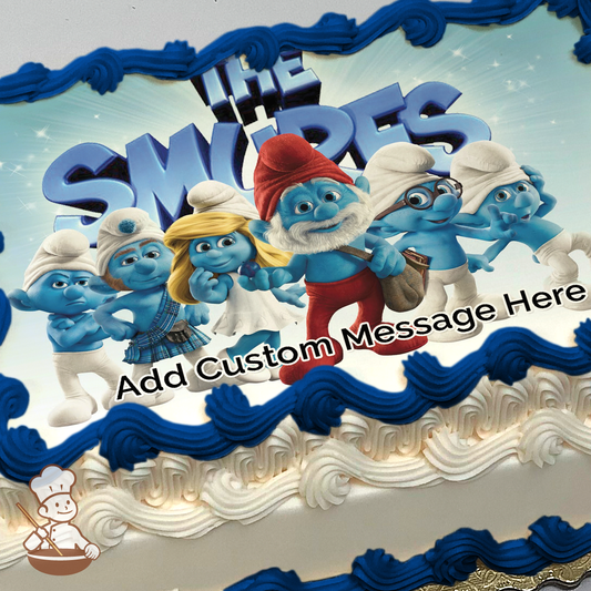 The cast of The Smurfs printed on extra cake layer and decorated on rectangle sheet cake.