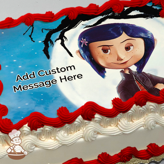 Coraline Jones smiling with the moon printed on extra cake layer and decorated on rectangle sheet cake.