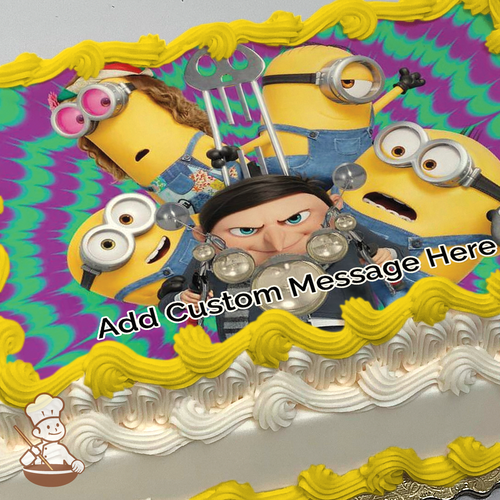 Young Gru and his Minions with a tye die background printed on extra cake layer and decorated on sheet cake.