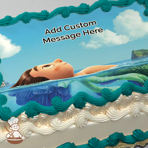 Luca the sea monster laying on the ocean printed on extra cake layer and decorated on sheet cake.