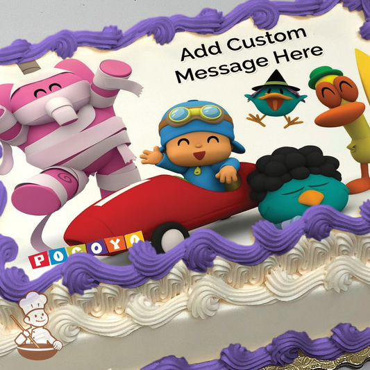 Pocoyo sitting in red car with friends printed on extra cake layer and decorated on sheet cake.