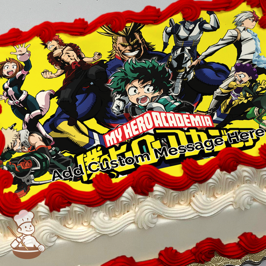 Izuku Midoriya from My Hero Academia with other anime characters printed on extra cake layer and decorated on sheet cake.