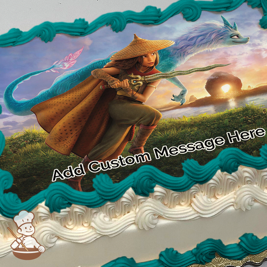 Raya and Sisu the dragon flying across the ocean printed on extra cake layer and decorated on sheet cake.