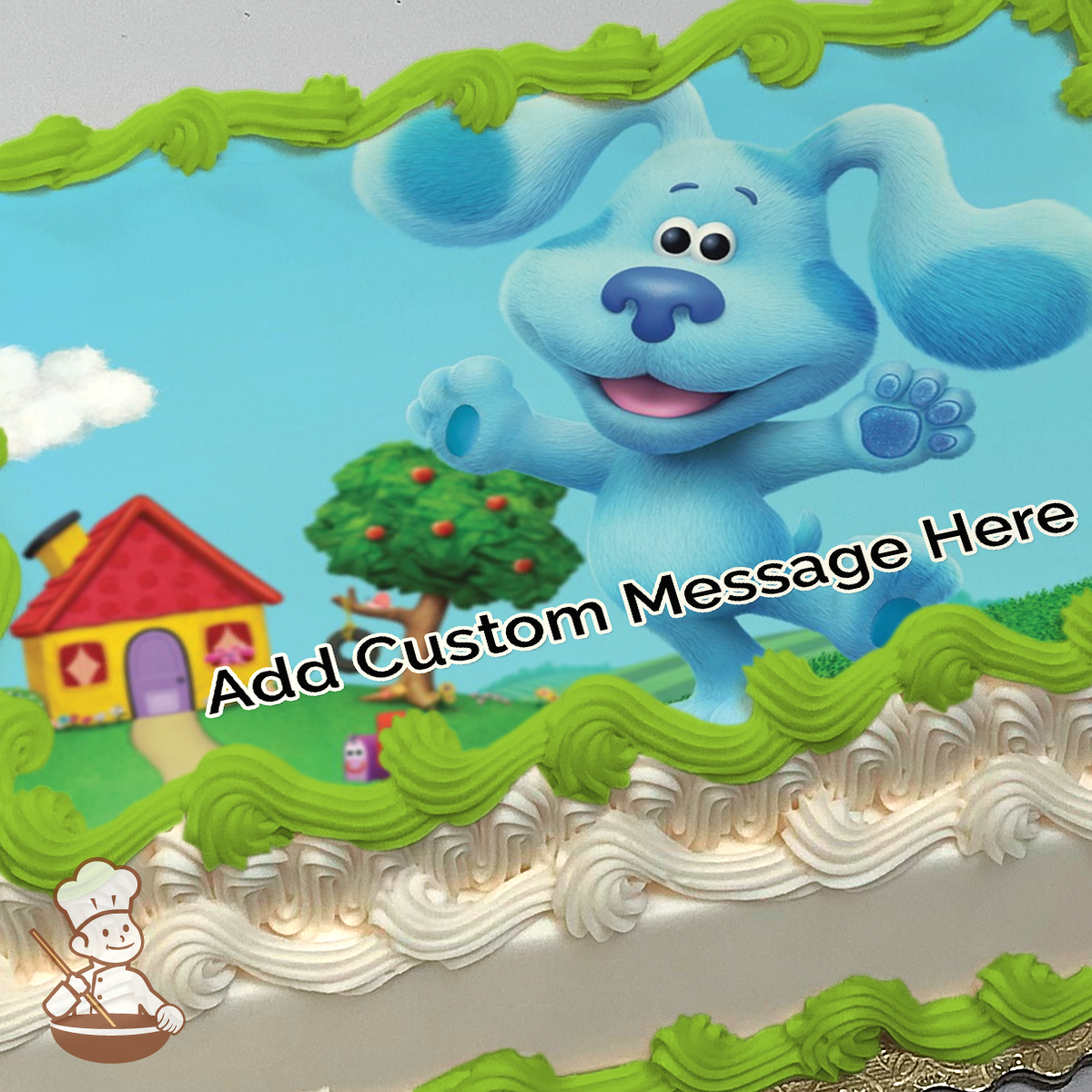 Illustration of Blue from Blue's Clues dancing in front of a colorful house and apple tree, printed on a sheet cake.
