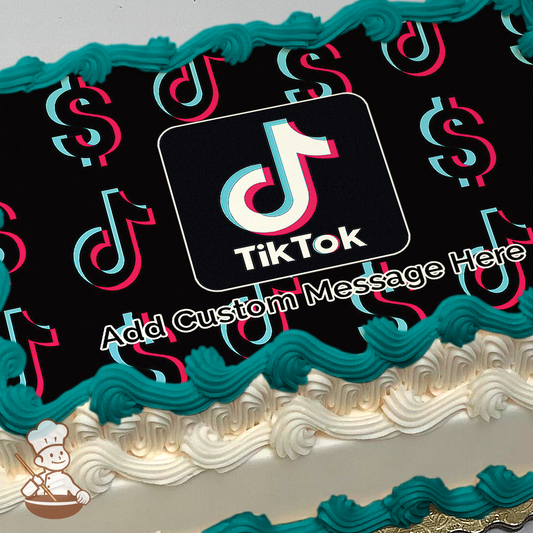 Tik Tok logo printed on extra cake layer and decorated on sheet cake.