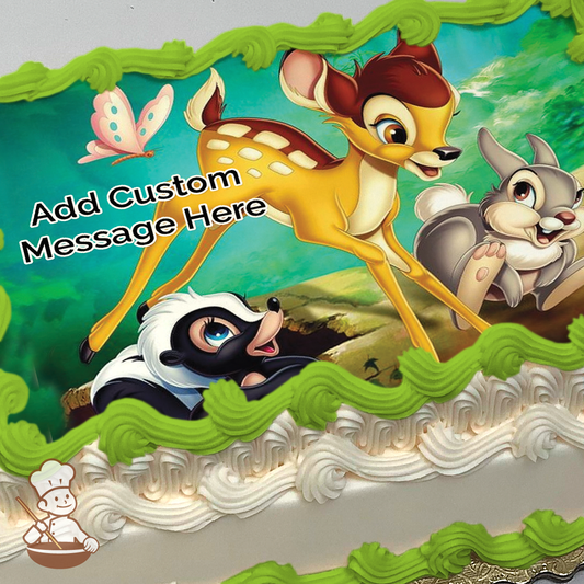 Bambi, Thumper, and Flower printed on extra cake layer and decorated on sheet cake.