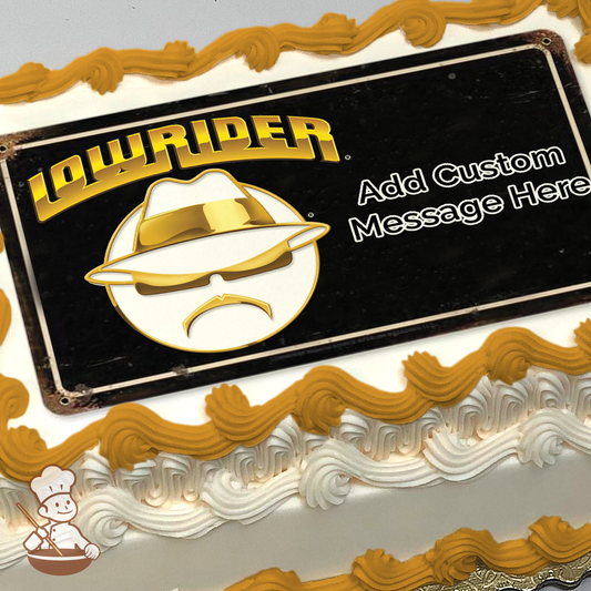 Lowride logo on vintage license plate printed on extra cake layer and decorated on sheet cake.