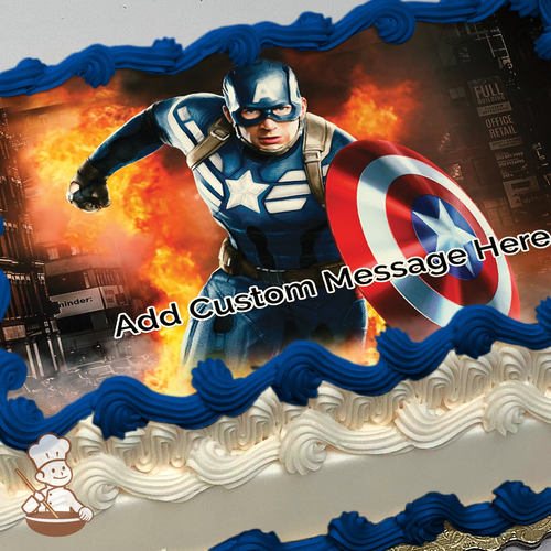 Chris Evans as Captain America printed on extra cake layer and decorated on sheet cake.
