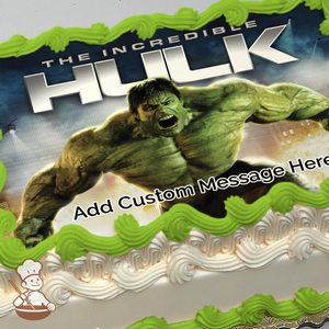 The Incredible Hulk printed on extra cake layer and decorated on sheet cake.