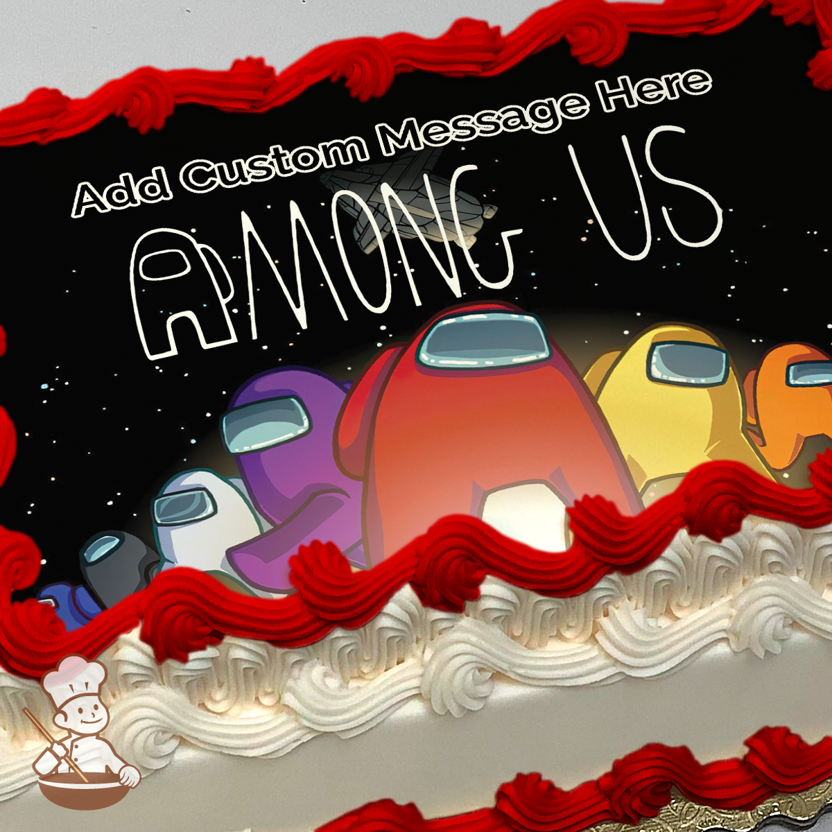 colorful Among Us game characters in space, with a black starry background, printed on a sheet cake.