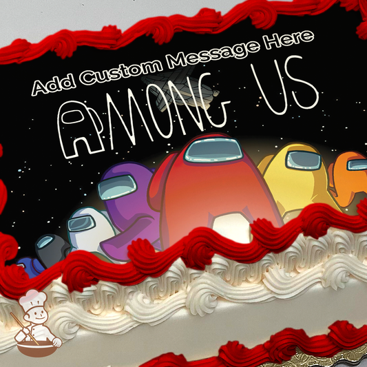 colorful Among Us game characters in space, with a black starry background, printed on a sheet cake.
