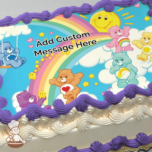 Characters from Care Bear hanging on clouds and rainbows printed on extra cake layer and decorated on sheet cake.