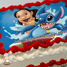 Load image into Gallery viewer, Lilo and Stitch surfing printed on extra cake layer and decorated on sheet cake.