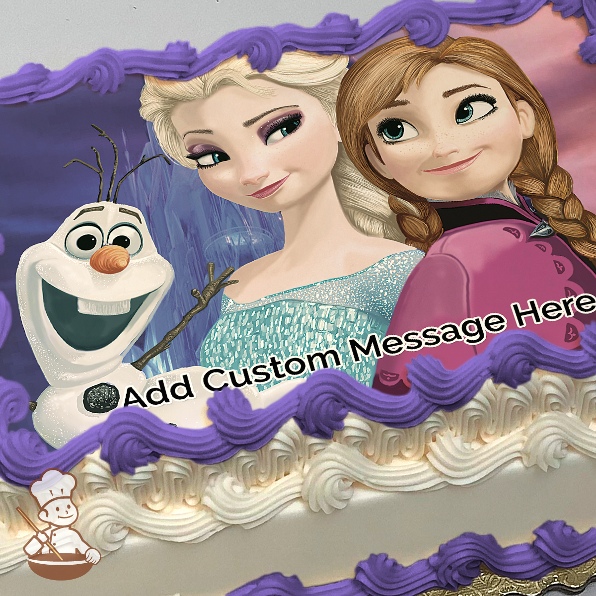 Elsa, Anna and Olaf printed on extra cake layer and decorated on sheet cake.