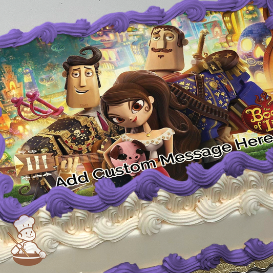 Book of Life cast printed on extra cake layer and decorated on sheet cake.