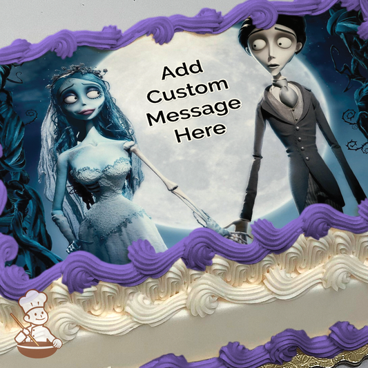 Victor and Victoria of Corpse Bride with big moon in the background printed on extra cake layer and decorated on sheet cake.