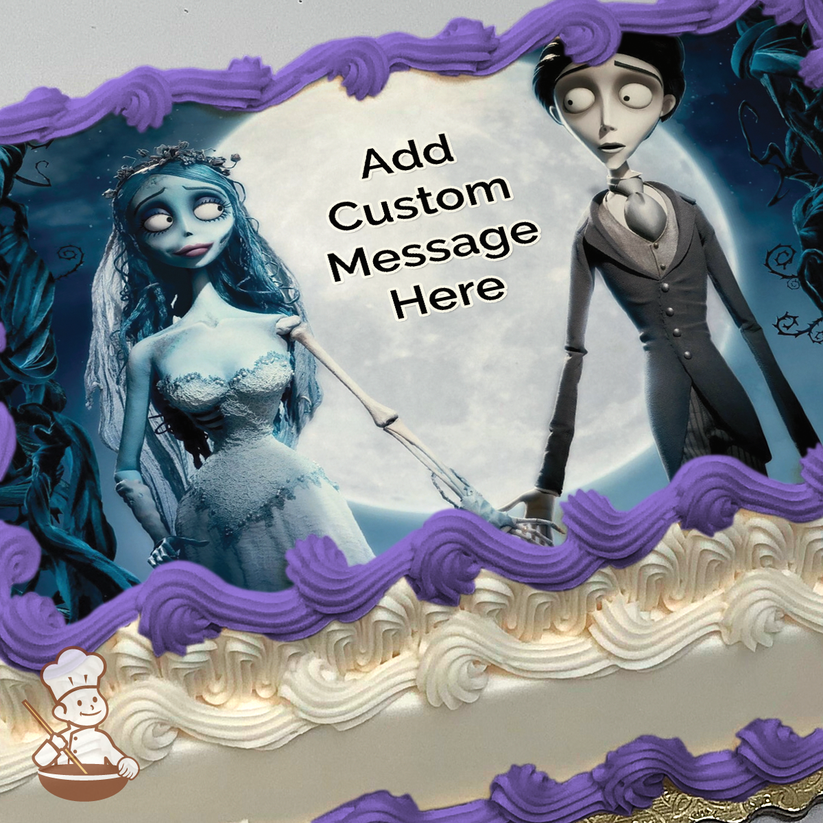 Emily and Victor from "Corpse Bride" with a dark background, printed on a sheet cake.