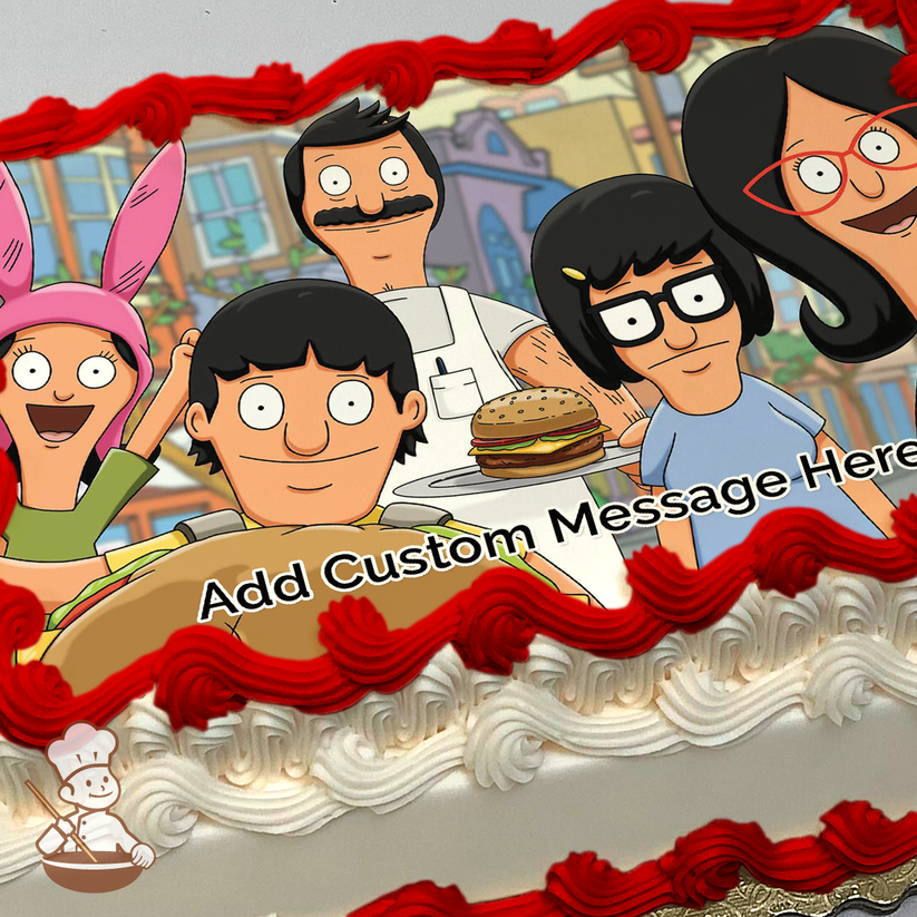 Bob's Burgers characters Bob, Linda, and Louise in front of their restaurant, with friends, on a sheet cake.