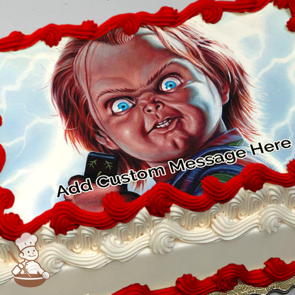 Chucky doll printed on extra cake layer and decorated on sheet cake.
