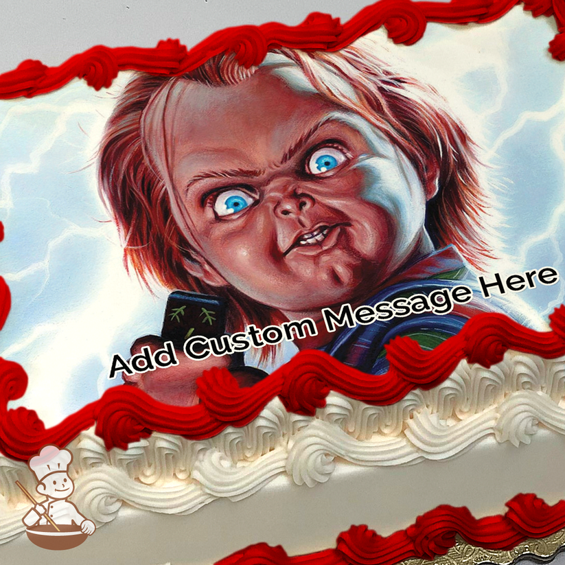 Chucky with a menacing expression, printed on a sheet cake.