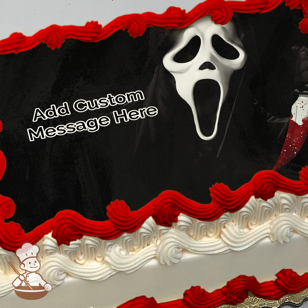 Scream mask and bloody knife printed on extra cake layer and decorated on sheet cake.