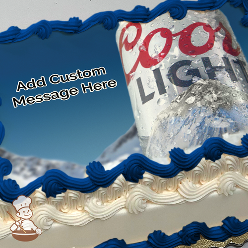 Coors light beer with Rocky Mountain background printed on extra cake layer and decorated on sheet cake.