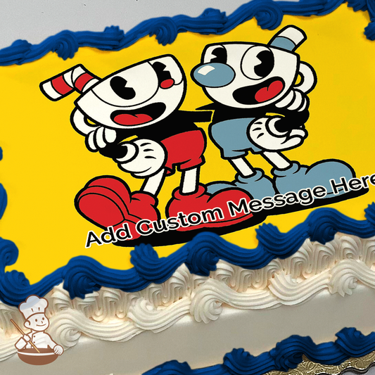 Cuphead and Mugman printed on extra cake layer and decorated on sheet cake.
