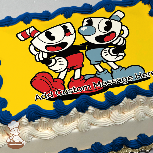 Cuphead and Mugman from the video game, smiling and posing, on a yellow background, printed on a sheet cake.
