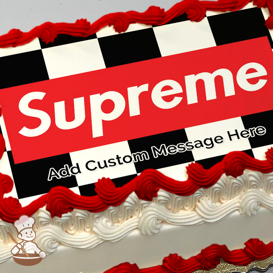Supreme logo on black and white checkered background printed on extra cake layer and decorated on sheet cake.
