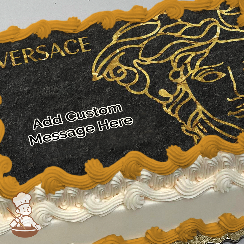 Illustration of the Versace logo with a golden Medusa head on a black textured background, printed on a sheet cake.