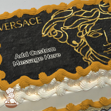 Load image into Gallery viewer, Gold foil Versace logo on black textured background printed on extra cake layer and decorated on sheet cake.