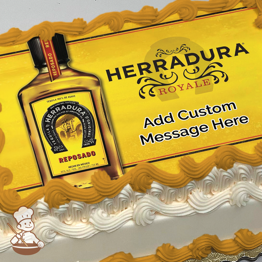 Bottle of Herradura tequila printed on extra cake layer and decorated on sheet cake.