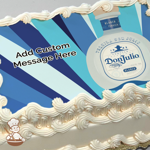 Bottol of Don Julio tequila with blue agave background printed on extra cake layer and decorated on sheet cake.