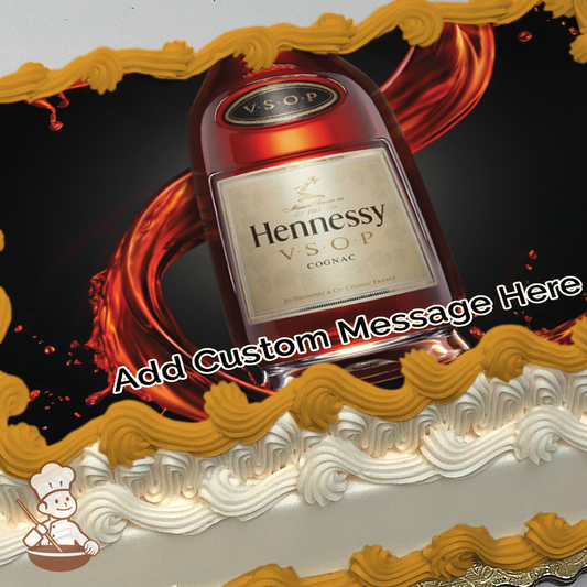 Bottleof Hennessy Cognac with red spiral splash background printed on extra cake layer and decorated on sheet cake.