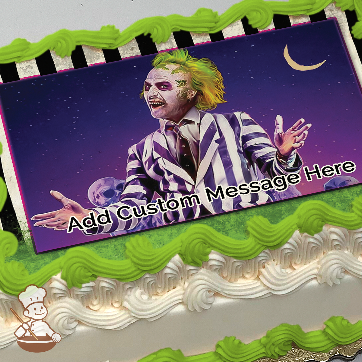 Bettlejuice with signature strip background printed on extra cake layer and decorated on sheet cake.